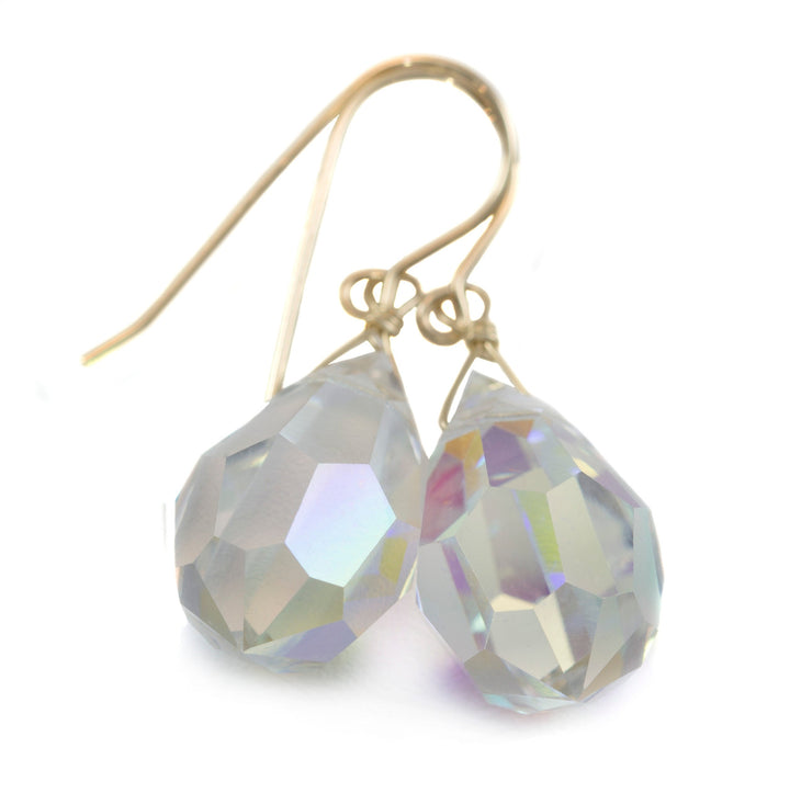 Crystal Clear Mystic Earrings Large Fat Faceted Teardrop Drops 14k Solid Gold or Filled or Sterling Silver Briolettes Rainbow Color Simple