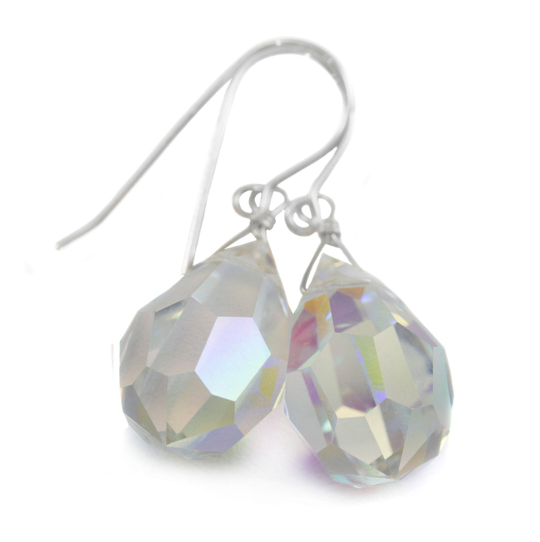 Crystal Clear Mystic Earrings Large Fat Faceted Teardrop Drops 14k Solid Gold or Filled or Sterling Silver Briolettes Rainbow Color Simple
