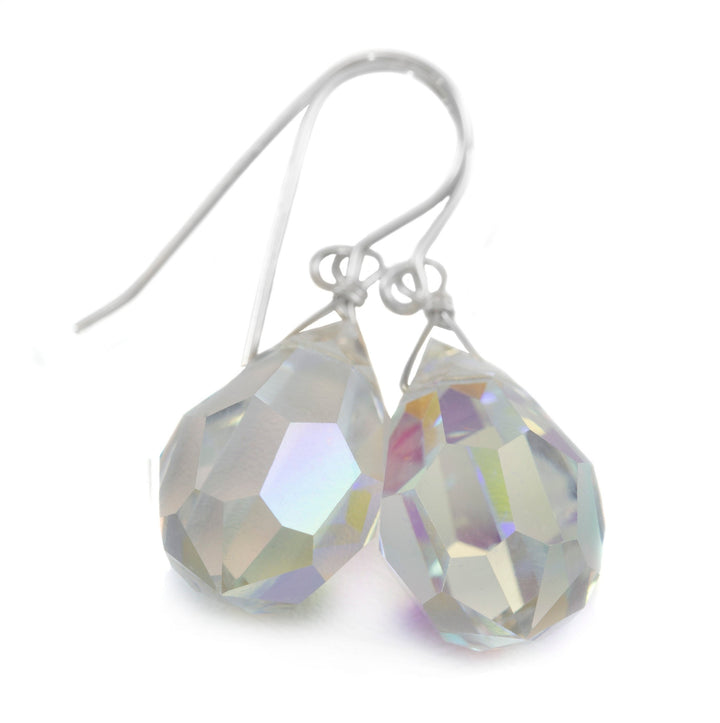 Crystal Clear Mystic Earrings Large Fat Faceted Teardrop Drops 14k Solid Gold or Filled or Sterling Silver Briolettes Rainbow Color Simple