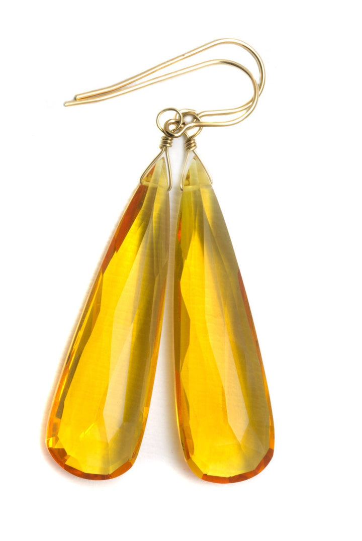 Yellow Citrine Earrings Large Faceted Simulate Briolette Long Drops 14k solid gold or filled or Sterling Silver Large Teardrops 2 Inch
