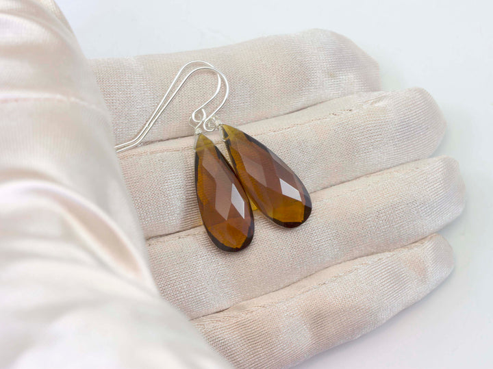 Madeira Citrine Earrings Large Simulated Faceted Briolette Long Teardrops Drop 14k gold filled or Sterling Silver Rich Dark Yellow Amber