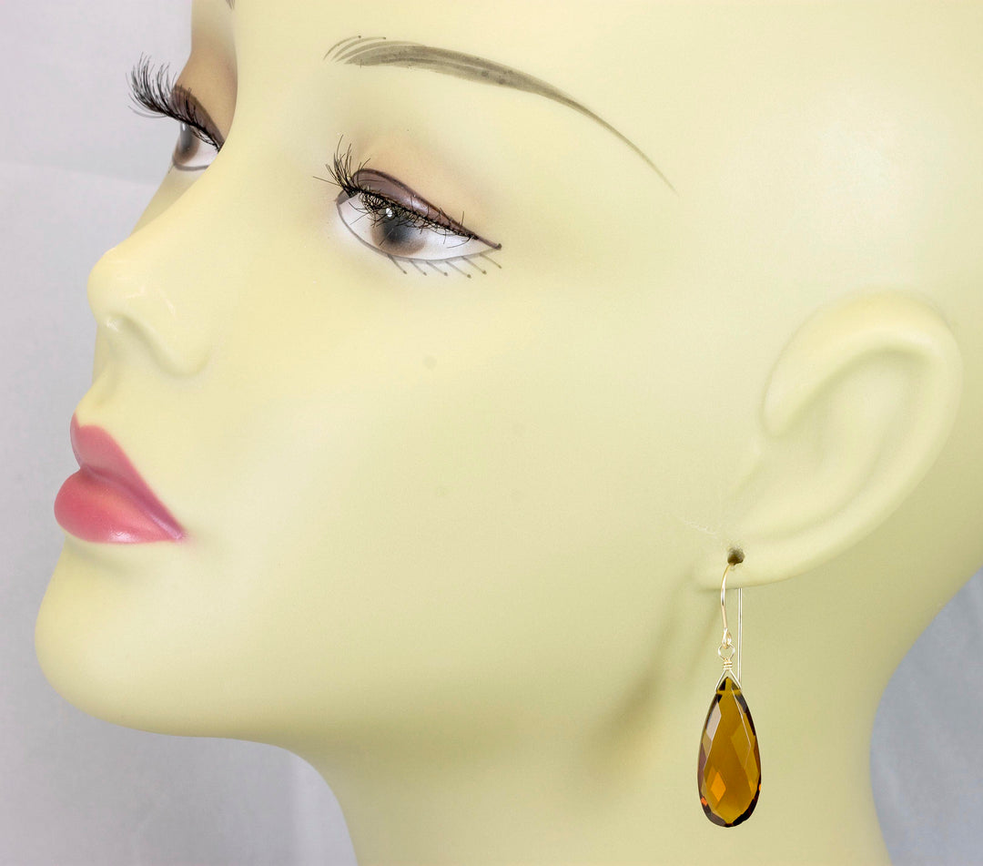 Madeira Citrine Earrings Large Simulated Faceted Briolette Long Teardrops Drop 14k gold filled or Sterling Silver Rich Dark Yellow Amber