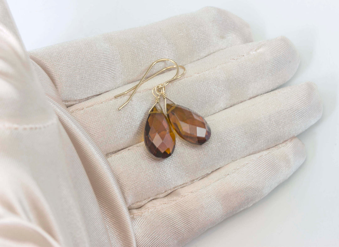 Madeira Citrine Earrings Large Simulated Faceted Briolette Pear Teardrops 14k solid gold or filled or Sterling Silver Rich Dark Yellow Amber