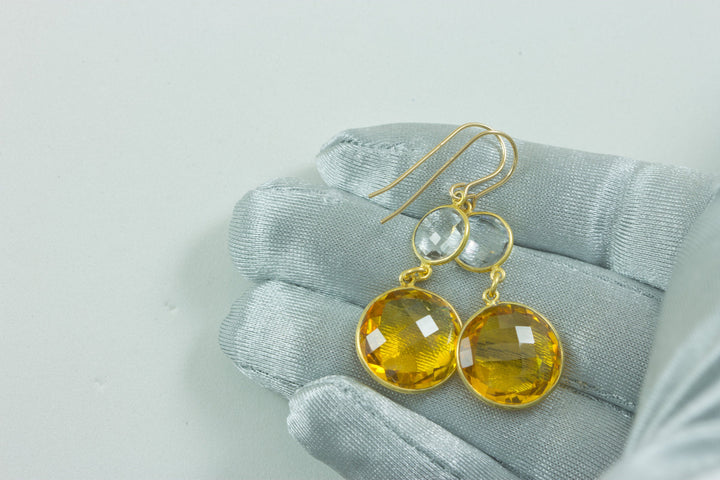 Yellow Citrine Quartz Earrings Simulate faceted Round Double Drop Clear Quartz 14k solid gold or filled Bezel Set Spyglass Designs Simple