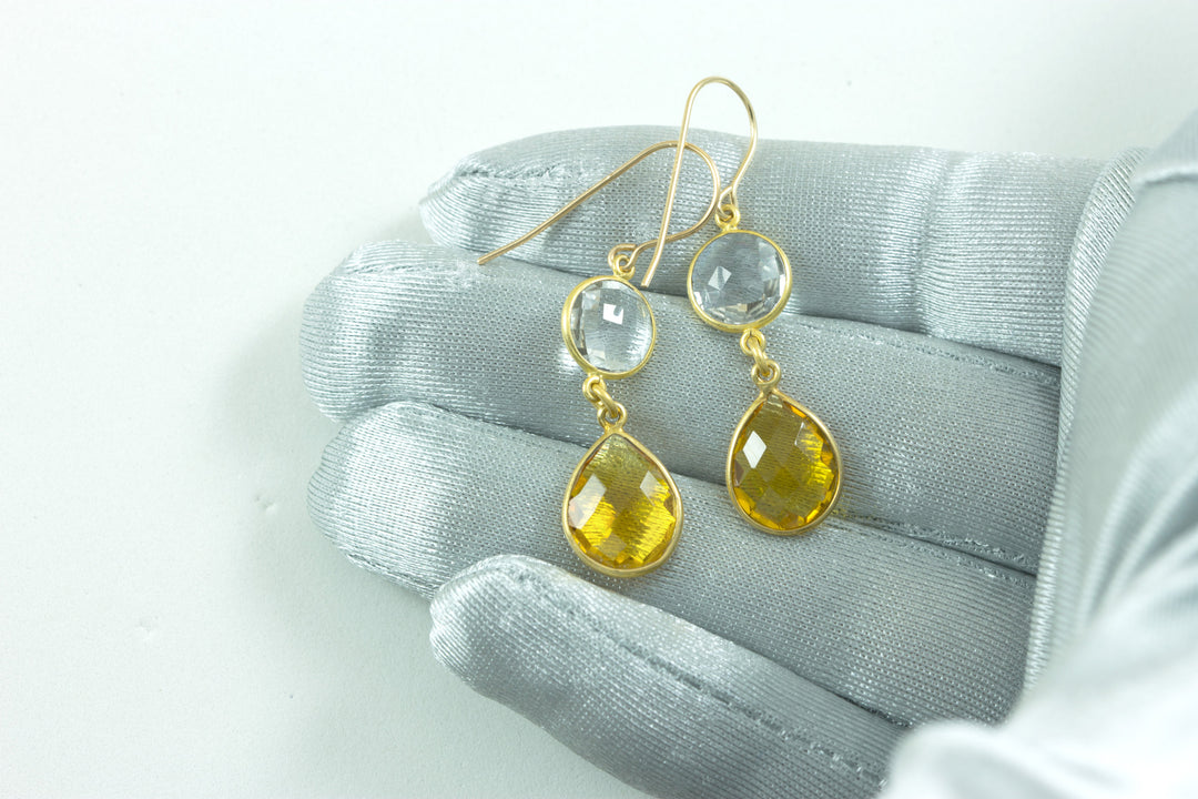 Yellow Citrine Quartz Earrings Simulate faceted Teardrop Double Drop Clear Quartz 14k solid gold or filled Bezel Set Spyglass Designs Simple
