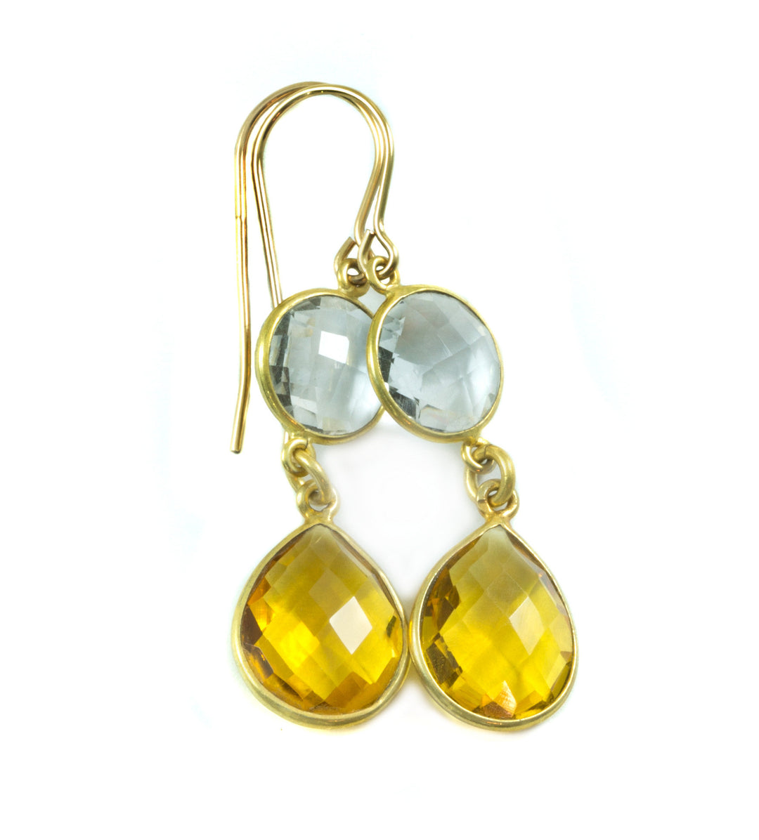 Yellow Citrine Quartz Earrings Simulate faceted Teardrop Double Drop Clear Quartz 14k solid gold or filled Bezel Set Spyglass Designs Simple