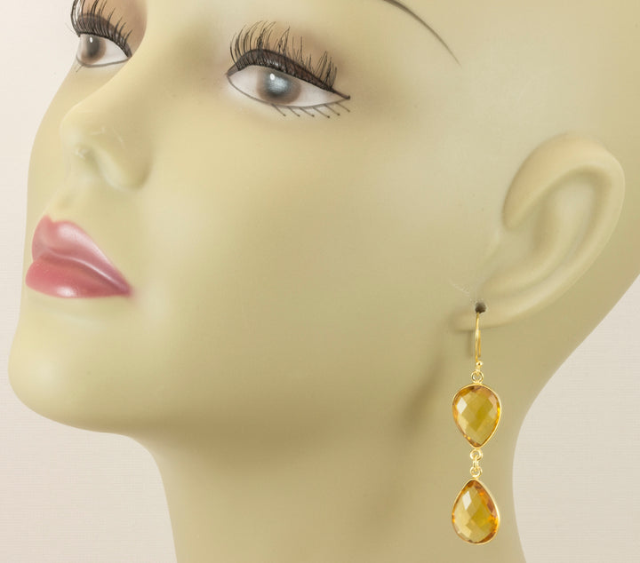 Yellow Citrine Quartz Earrings Simulate faceted Teardrop Double Drop 14k solid gold or filled Bezel Set Spyglass Designs Simple 2.2 Inches