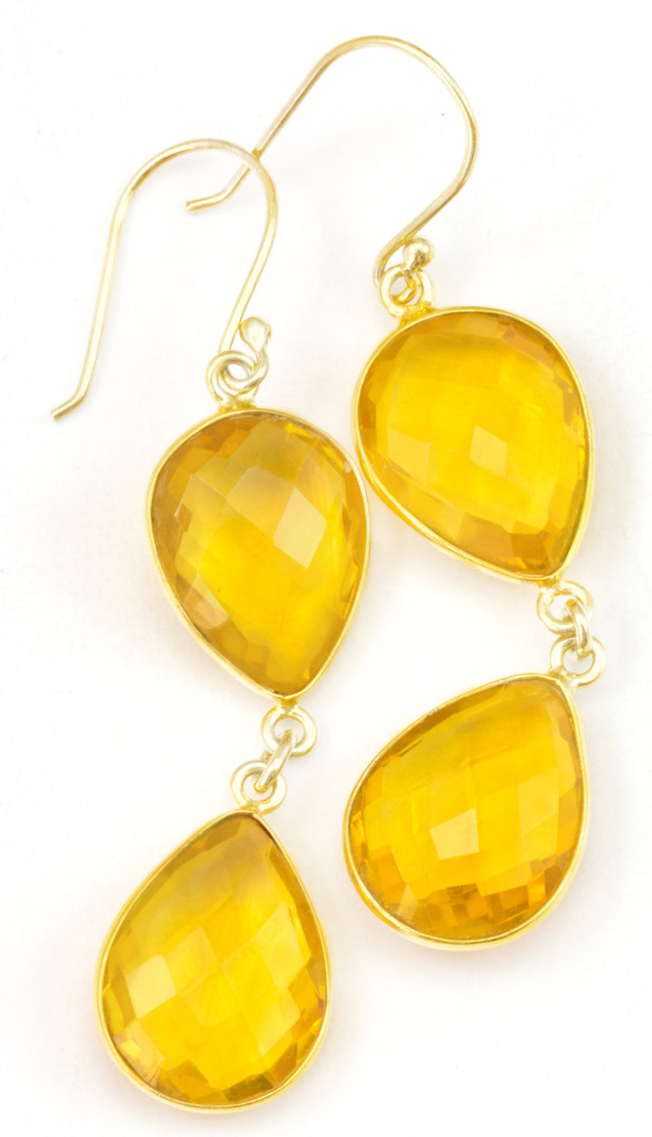 Yellow Citrine Quartz Earrings Simulate faceted Teardrop Double Drop 14k solid gold or filled Bezel Set Spyglass Designs Simple 2.2 Inches