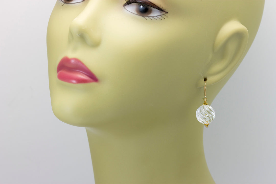 Clear Quartz Earrings Sterling Silver or 14k Solid Gold or Filled  Fancy Cut Smooth Natural Quartz Swirl Cut Round Beaded Accent Drops