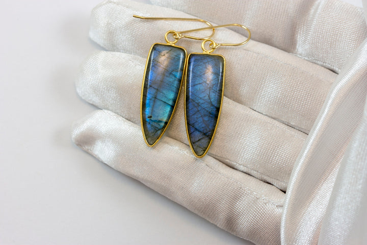 Labradorite Earrings Natural Smooth Large 1.8 Inches 14k solid gold or filled Pointed Teardrop Drops  Blue Flash High Quality Stones