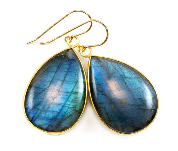 Labradorite Earrings Natural Smooth Super Large 1.8 Inches 14k solid gold or filled Teardrop Drops Blue Flash High Quality Stones
