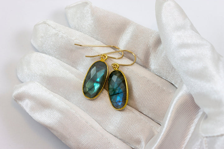 Labradorite Earrings Natural Faceted Elongated Blue Oval 1.3 Inches 14k solid gold or filled Teardrop Drops  Blue Flash High Quality Stones
