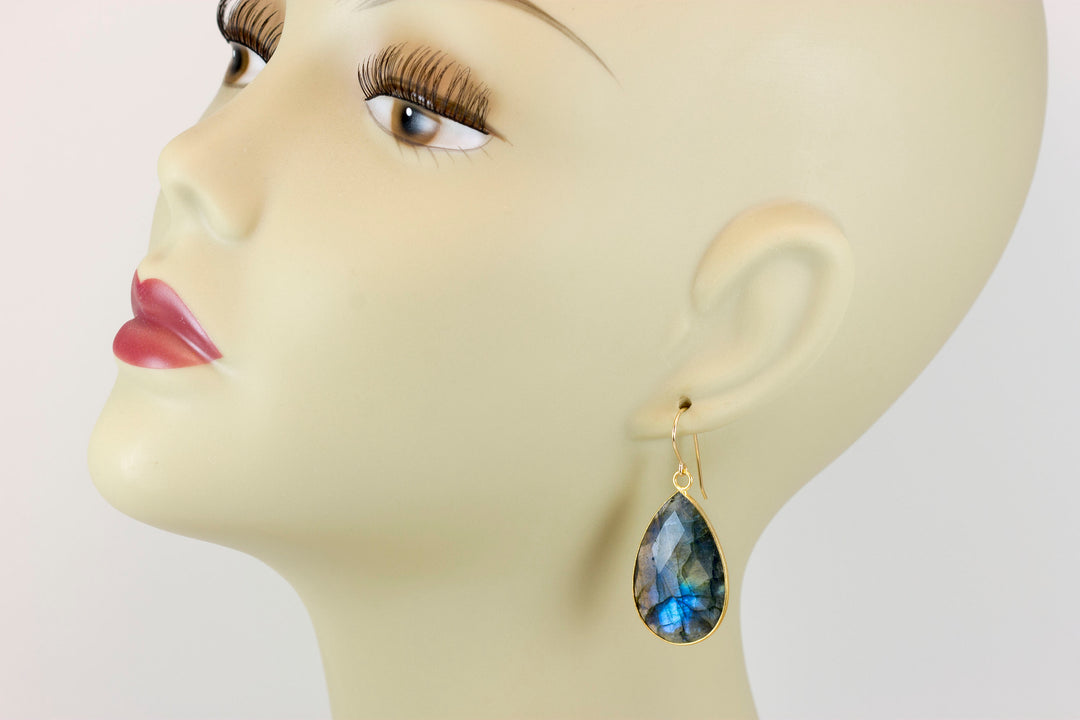 Labradorite Earrings Natural Faceted Super Large 1.8 Inches Sterling Silver or 14k solid gold or filled Teardrop Drops Blue Quality Stones