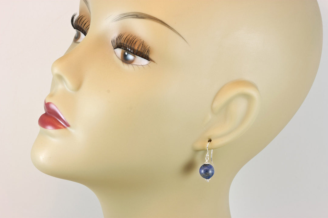 Lapis Lazuli Earrings Natural Dusty Blue Matt Round Dangles Sterling Silver or 14k Solid Gold or Filled Beaded Simple Basic Drops Pyrite