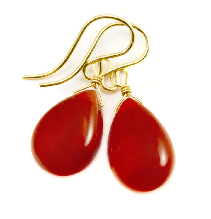 Carnelian Earrings Smooth Pear Orange Chalcedony AAA Teardrops 14k Solid Gold or Filled or Sterling Silver Natural Rich Earthy Simple Drops