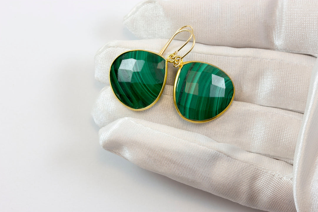 Malachite Earrings Green Heart shaped faceted Natural Dangle Drops 14k Solid Gold or Filled simple bezel Spyglass Designs Classic