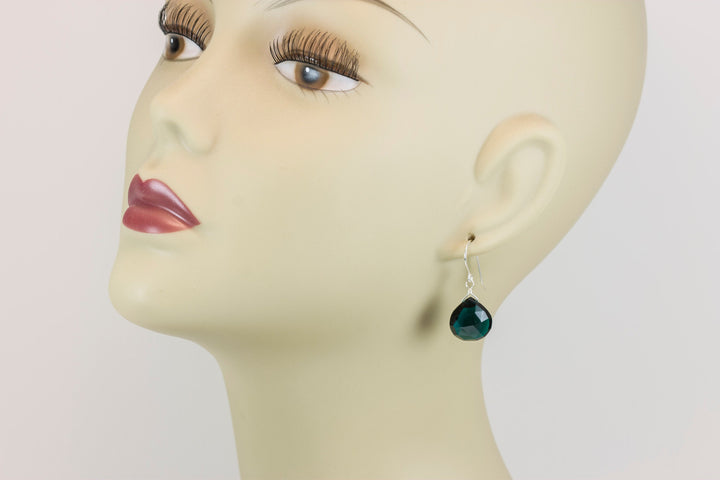 Simulated Teal Tourmaline Earrings Dark Teal Green Faceted Heart Teardrop Sterling Silver 14k Gold Filled Briolette