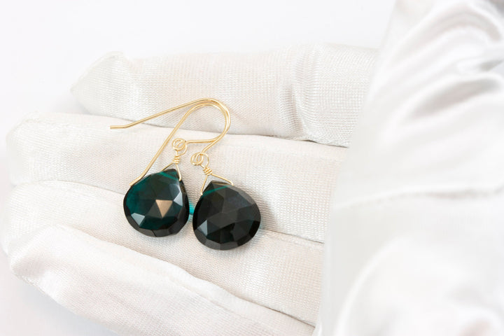 Simulated Teal Tourmaline Earrings Dark Teal Green Faceted Heart Teardrop Sterling Silver 14k Gold Filled Briolette