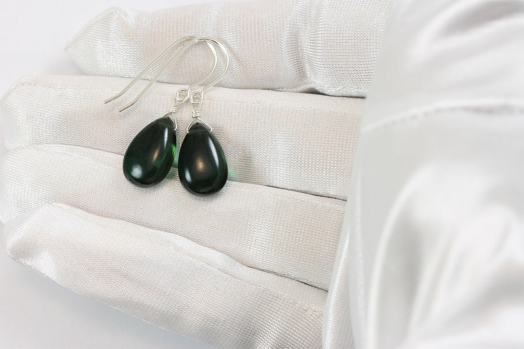 Quartz Earrings Simulated Green Smooth Teardrop Pear Drop Sterling Silver or 14k solid Gold or Filled Dainty Simple Green Dark Color Drops
