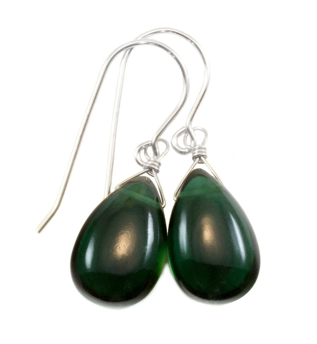 Quartz Earrings Simulated Green Smooth Teardrop Pear Drop Sterling Silver or 14k solid Gold or Filled Dainty Simple Green Dark Color Drops