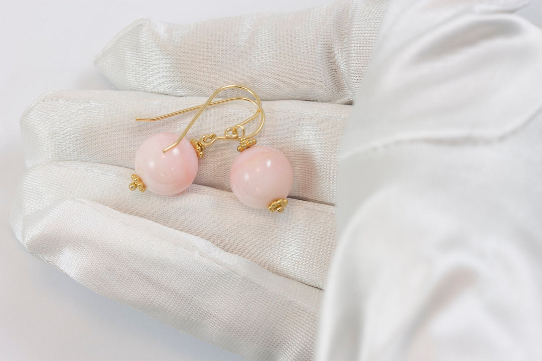 Pink Peruvian Opal Earrings Smooth Round drops 14k Solid Gold or Filled or Sterling Silver Natural Earthy soft pink dainty Spyglass Designs