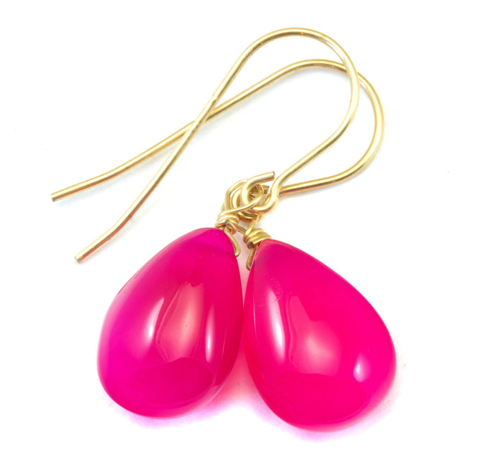 Hot Pink Chalcedony Earrings AAA Smooth Briolette Drops 14k Solid Gold or Filled or Sterling Silver Fuchsia Magenta Simple Classic Design