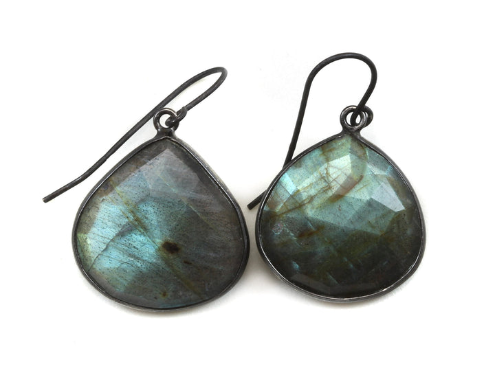Labradorite Earrings Faceted Fat Large Teardrop Bezel Sterling Silver or 14k Solid Gold or Filled or Black Rhodium Blue Flash Simple  Drops