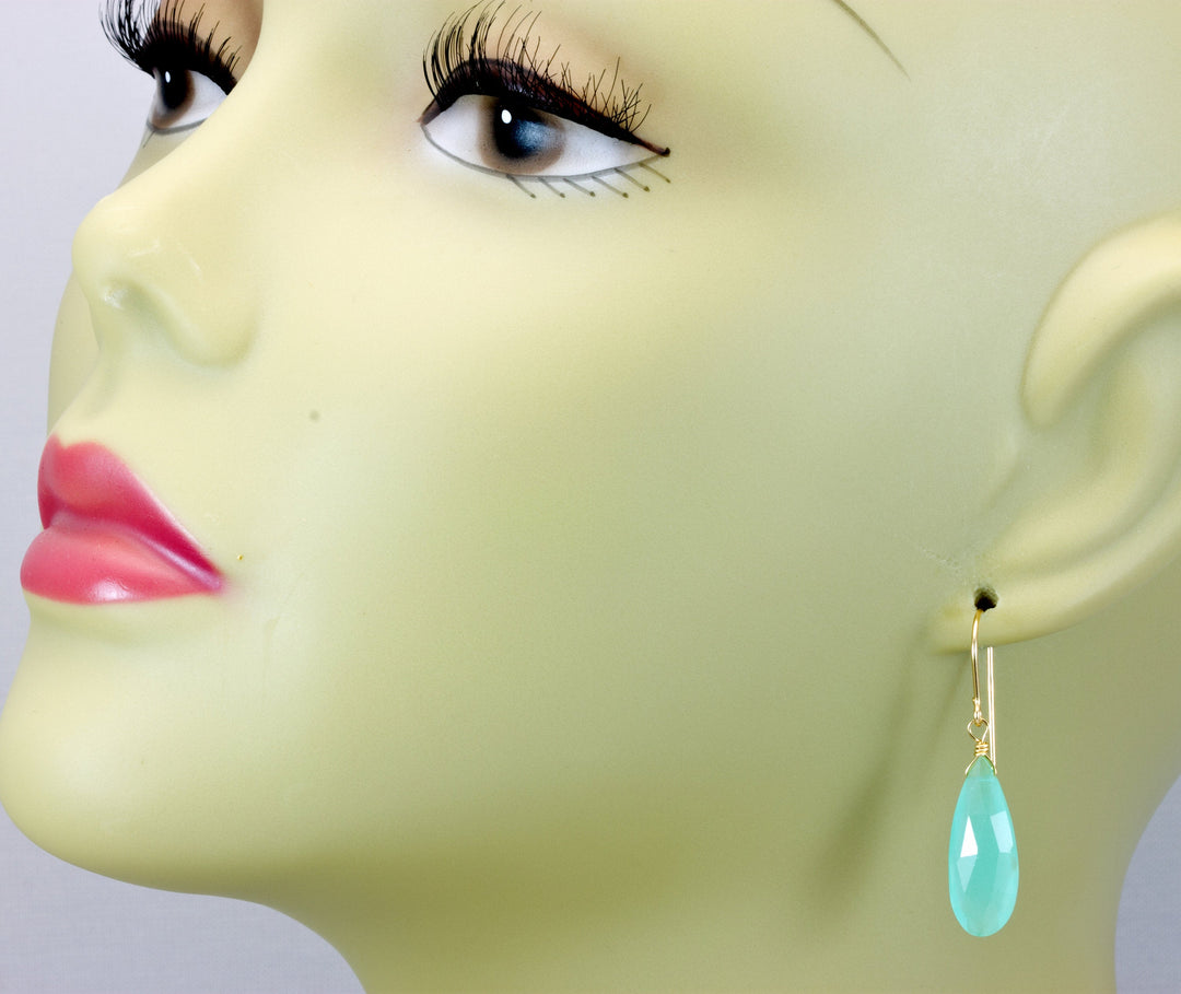 Aqua Blue Chalcedony Earrings 14k Solid Gold or Filled or Sterling Silver Long Teardrops Faceted Briolette Soft Light Blue Drops