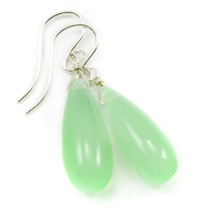Green Chalcedony Earrings Long Teardrop  Smooth Sterling Silver or 14k Solid Yellow Gold or Filled AAA Pale Soft Green Rounded Drops Simple
