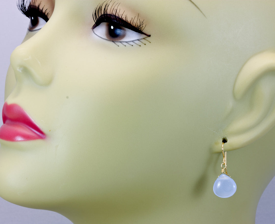 Steel Blue Gray Chalcedony Earrings Teardrop Heart Smooth Sterling Silver or 14k Solid Gold or Filled Simple Classic Daily Wear Drops