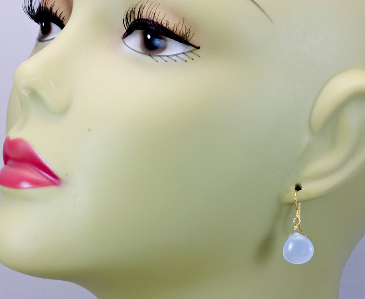 Steel Blue Gray Chalcedony Earrings Teardrop Heart Smooth Sterling Silver or 14k Solid Gold or Filled Simple Classic Daily Wear Drops