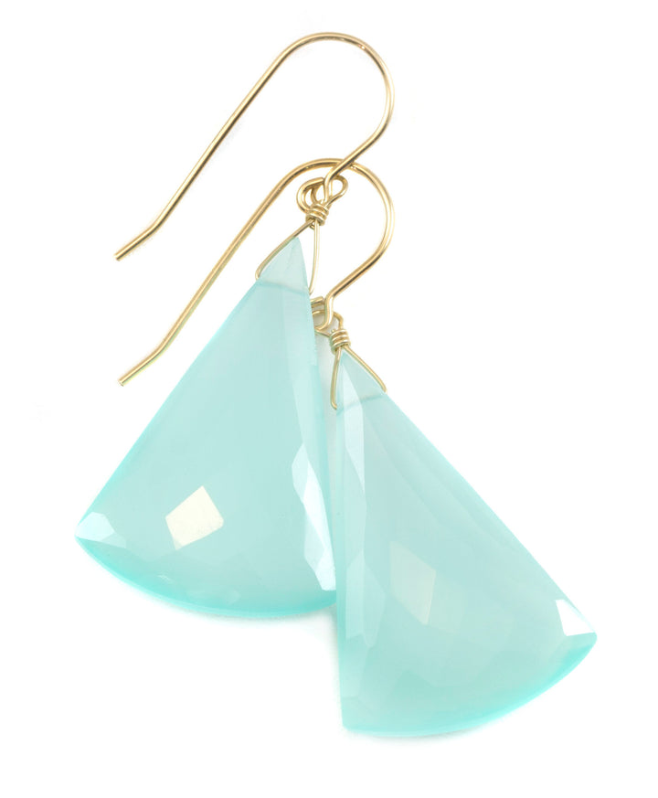 Aqua Blue Chalcedony Earrings 14k Solid Gold or Filled or Sterling Silver Teardrop Triangle Faceted Soft Pale Blue Long Large Drops 2 Inch
