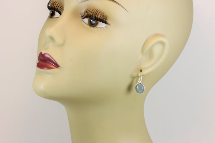 Blue Flash Labradorite Earrings Small Simple Drops Bezel Set Oval Drop Dangle 14k Solid Gold or Filled or Sterling Silver Dainty Smooth Cut