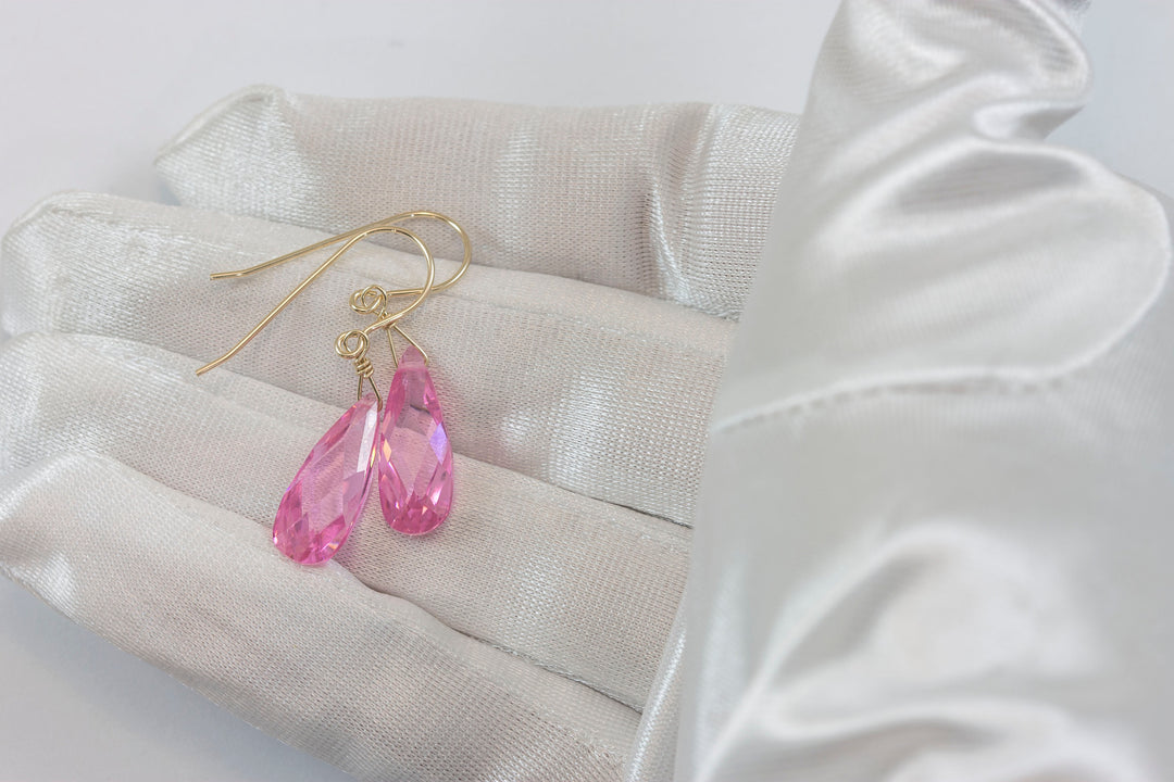 Sapphire Pink Earrings Cubic Zirconia Long Teardrop  AAA CZ  14k Solid Gold or Filled Sterling Silver Faceted Briolettes Bright Simple Drop