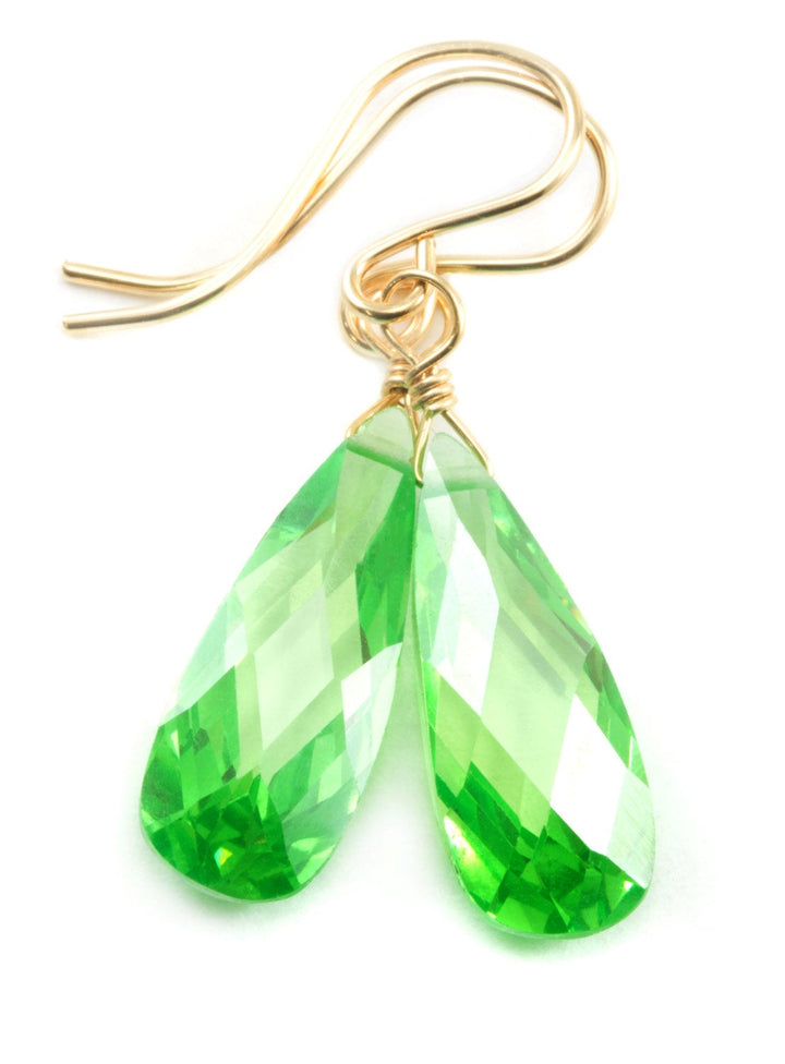 Peridot Green Cubic Zirconia Earrings Long Teardrop AAA CZ  Sterling Silver or 14k Solid Gold or Filled Faceted Cut Drops Simple Lightweight