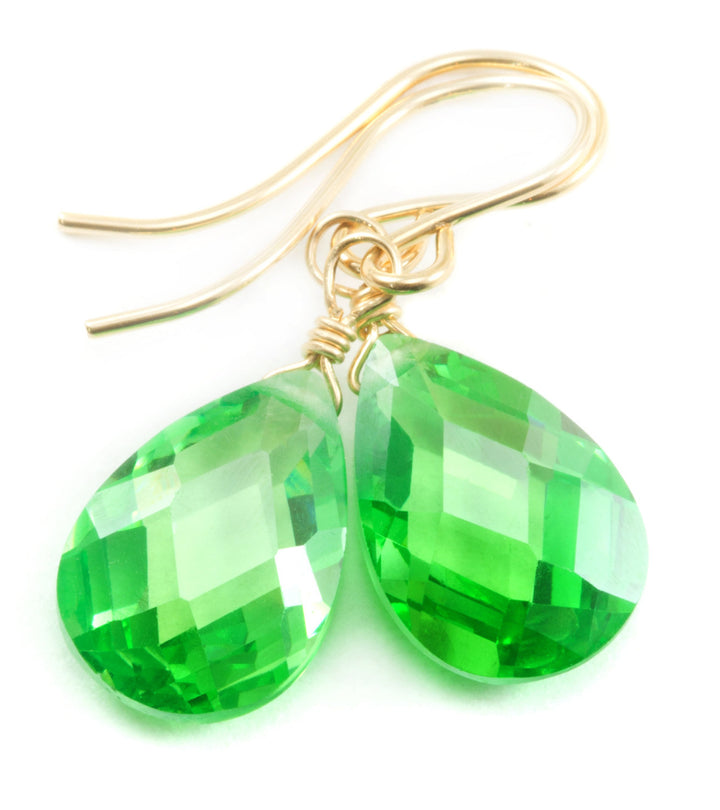 Peridot Green Cubic Zirconia Earrings Faceted Teardrop AAA CZ  Sterling Silver or 14k Solid Gold or Filled Pear Shape Bright Green Simple