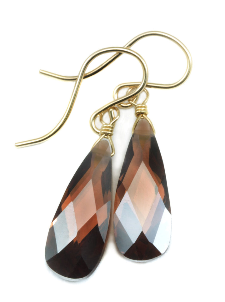 Chocolate Cubic Zirconia Earrings Long Faceted Teardrop AAA CZ Sterling Silver or 14k Solid Gold or Filled  Brown Simulated Diamond Dainty