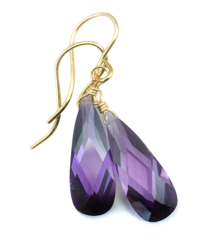 Amethyst Purple Cubic Zirconia Earrings Long Faceted Teardrop Briolette AAA CZ Sterling Silver or 14k Solid Gold or Filled Dainty Simple