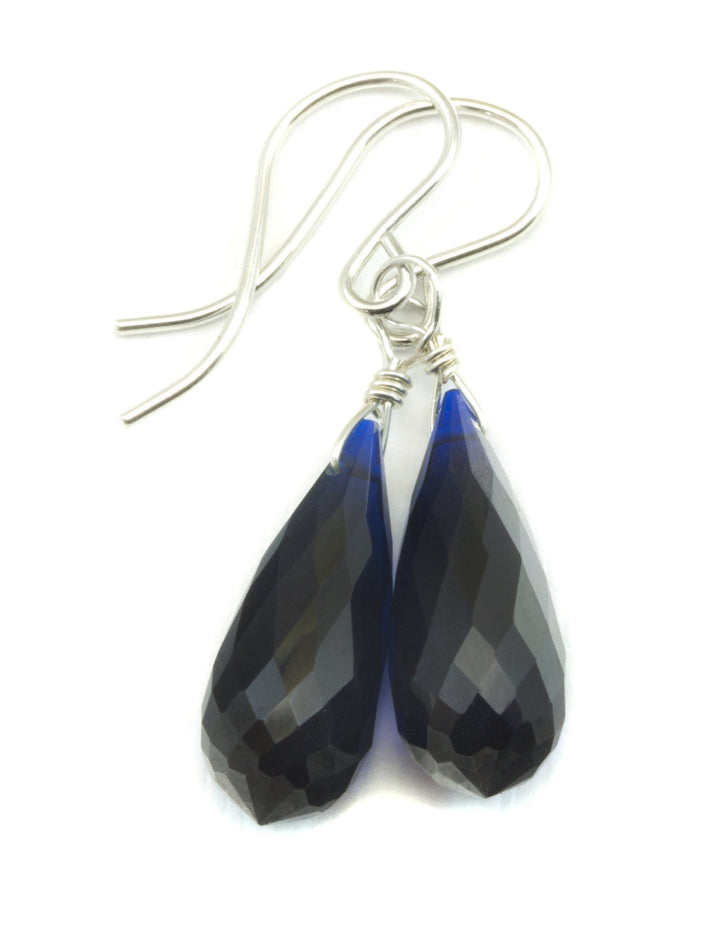 Dark Sapphire Blue Cubic Zirconia Earrings Long Faceted Rounded Teardrop Briolette AAA CZ Sterling Silver or 14k Solid Gold or Filled  Drops