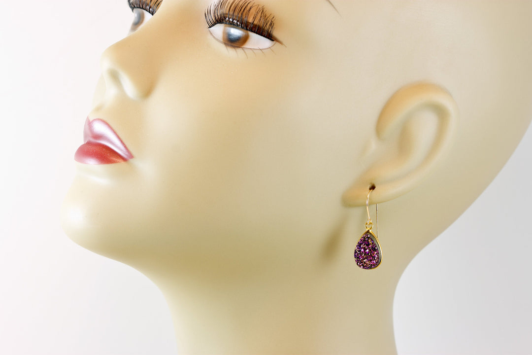 Purple Peacock Druzy Earrings Teardrop Sterling Silver or 14k Solid Gold or Filled French Ear Wires Bezel Simple Drops sparkly drusy quartz