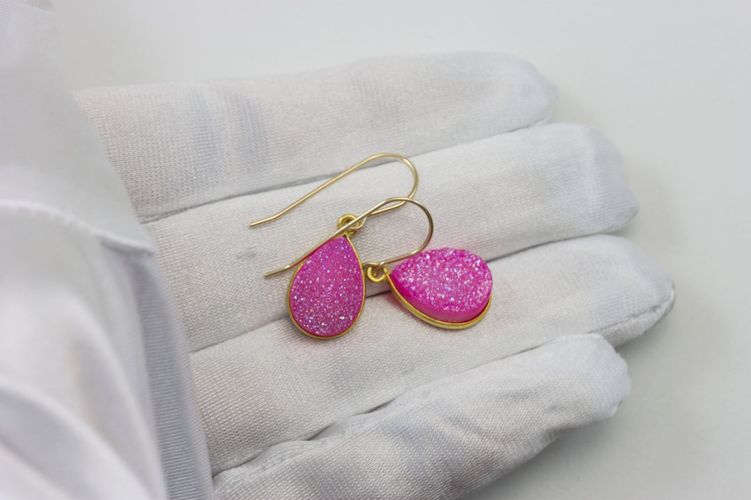 Hot Pink Drusy Earrings Druzy Teardrop Sterling Silver or 14k Solid Gold or Filled Bezel Set Simple Drops Fuchsia Pink Sparkley Drops