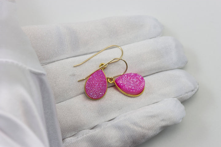 Hot Pink Drusy Earrings Druzy Teardrop Sterling Silver or 14k Solid Gold or Filled Bezel Set Simple Drops Fuchsia Pink Sparkley Drops