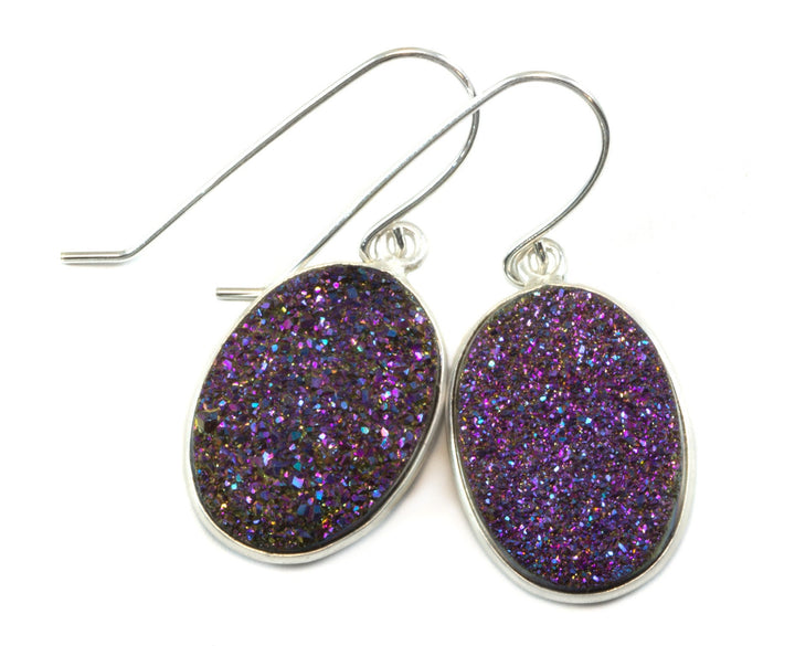 Purple Peacock Drusy Earrings Druzy Teardrop Oval 14k Solid gold or filled or Sterling Silver Bezel Simple Drops Large Druse Spyglass Design