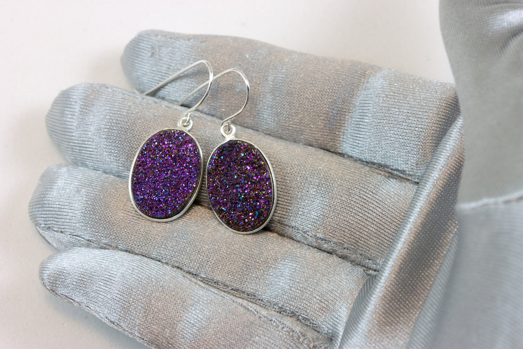 Purple Peacock Drusy Earrings Druzy Teardrop Oval 14k Solid gold or filled or Sterling Silver Bezel Simple Drops Large Druse Spyglass Design