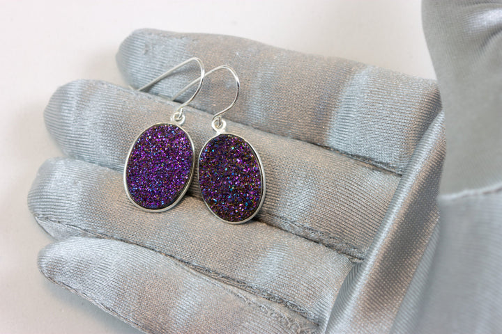 Purple Peacock Drusy Earrings Druzy Teardrop Oval 14k Solid gold or filled or Sterling Silver Bezel Simple Drops Large Druse Spyglass Design