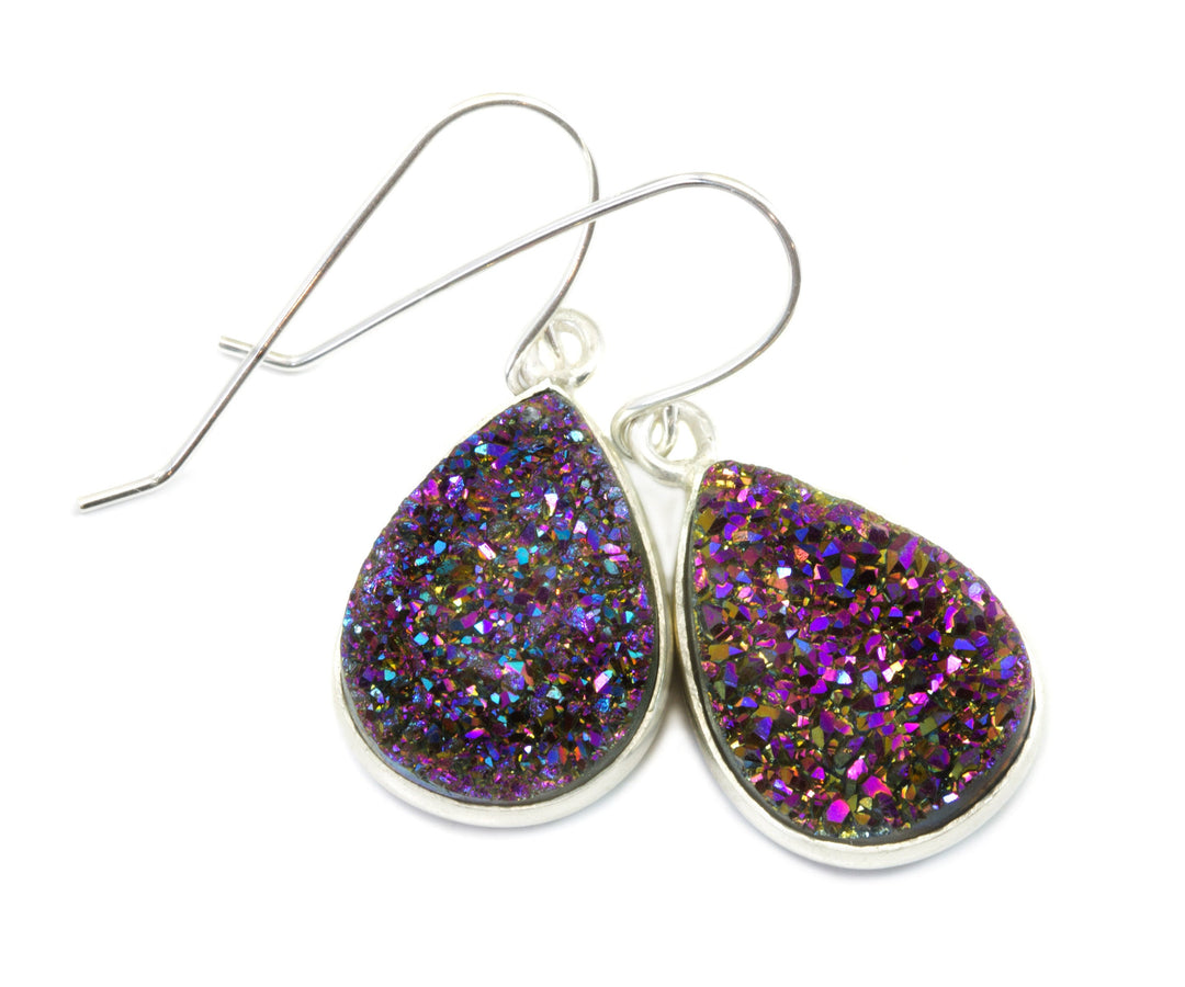 Purple Peacock Drusy Earrings Druzy Teardrop Shape 14k solid gold or filled or sterling silver Large Bezel Simple Drops Fine Drusy Quartz