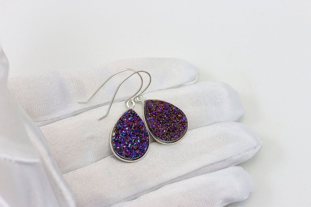 Purple Peacock Drusy Earrings Druzy Teardrop Shape 14k solid gold or filled or sterling silver Large Bezel Simple Drops Fine Drusy Quartz