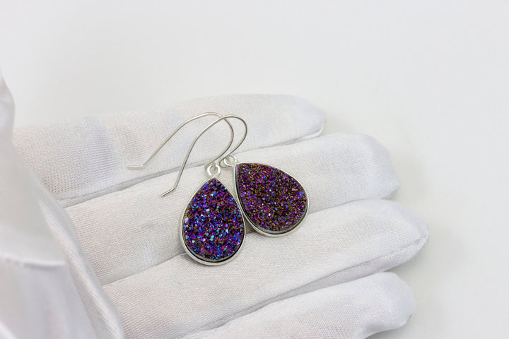 Purple Peacock Drusy Earrings Druzy Teardrop Shape 14k solid gold or filled or sterling silver Large Bezel Simple Drops Fine Drusy Quartz