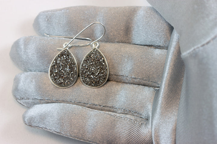 Black Platinum Grey Drusy Earrings Teardrop 14k Solid Gold or Filled or Sterling Silver Bezel Set Simple Drops Druzy Quartz Classic Simple
