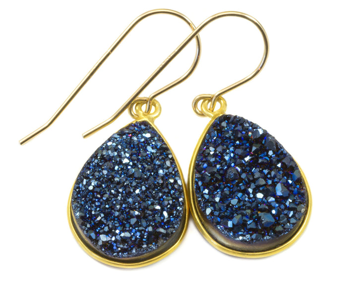 Peacock Blue Drusy Earrings Druzy Teardrops 14k Solid Gold or Filled or Sterling Silver Bezel Set Simple Drops High sparkle large drops